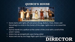 QUINCE’S HOUSE 
• Scene starts with lights off and actors (Snug, Bottom, Flute, Snout, and 
Starveling) in a circle in the Center of the stage. Lights turn on to reveal the 
actors. 
• Quince stands on a podium at the center of the circle with a scroll of the 
actors’ names. 
• Actors rise up energetically upon being called 
• Actors exit one by one Stage Right upon Quince’s dismissal 
DIRECTOR 
 