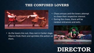 THE CONFUSED LOVERS 
• Chaos ensues and the lovers attempt 
to chase their respective interest. 
• During the chase, there will be 
random entrances and exits. 
• As the lovers tire out, they rest in Center stage. 
Oberon finds them and sprinkles the potion on 
them. 
DIRECTOR 
 