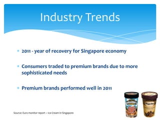 Industry Trends

       2011 - year of recovery for Singapore economy

       Consumers traded to premium brands due to more
       sophisticated needs

       Premium brands performed well in 2011



Source: Euro monitor report – Ice Cream in Singapore
 