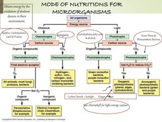 MODE OF NUTRITIONS FOR
MICROORGANISMS
Obtain energy by the
oxidation of electron
donors in their
environment.
inorganic
Sulphur, Carbohydrates,
Lipid & Proteins
Carbon Dioxide + Sunlight Oxygen + Sugar
Green Plants &
Photosynthetic Bacteria
Use chlorophyll for light-energy capture.
Carbohydrates, fatty acids
& alcohols
 