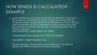 HOW SENSEX IS CALCULATED? - 
EXAMPLE 
 Assume SENSEX has only 2 stocks namely SBI and RELIANCE. Total shares in 
SBI are 500 out of which 200 are held by Government and only 300 are 
available for public trading. RELIANCE has 1000 shares out of which 500 are 
held by promoters and 500 are available for trading. Assume price of SBI 
Stock is Rs.100 and Reliance is Rs.200. Then "free-Floating Market Cap" of 
these 2 companies = 
(300*100+500*200) = 30000+100000 = Rs. 130000 
Assume Market Cap during the year 1978-79 was Rs.25000 
Then SENSEX = 130000*100/25000 = 520. 
The methodology in the example is exactly followed to calculate the 
SENSEX, only difference being the inclusion of 30 stocks. 
11 
 