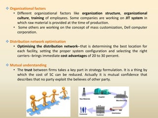  Organizational factors
• Different organizational factors like organization structure, organizational
culture, training of employees. Some companies are working on JIT system in
which raw material is provided at the time of production.
• Some others are working on the concept of mass customization, Dell computer
corporation.
 Distribution network optimisation
• Optimising the distribution network--that is determining the best location for
each facility, setting the proper system configuration and selecting the right
carriers--brings immediate cost advantages of 20 to 30 percent.
 Mutual understanding
• The trust between firms takes a key part in strategy formulation. It is a thing by
which the cost of SC can be reduced. Actually it is mutual confidence that
describes that no party exploit the believes of other party.
 