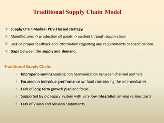  Supply Chain Model - PUSH based strategy
 Manufactures -> production of goods -> pushed through supply chain
 Lack of proper feedback and information regarding any requirements or specifications.
 Gaps between the supply and demand.
Traditional Supply Chain:
• Improper planning leading non harmonization between channel partners
• Focused on individual performance without considering the intermediaries
• Lack of long term growth plan and focus
• Supported by old legacy system with very low integration among various parts
• Lack of Vision and Mission Statements
Traditional Supply Chain Model
 