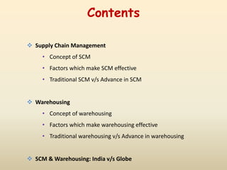 Contents
 Supply Chain Management
• Concept of SCM
• Factors which make SCM effective
• Traditional SCM v/s Advance in SCM
 Warehousing
• Concept of warehousing
• Factors which make warehousing effective
• Traditional warehousing v/s Advance in warehousing
 SCM & Warehousing: India v/s Globe
 
