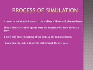 As soon as the simulation starts, the trolleys will have all planned items. Simulation starts when agents enter the supermarket from the main  door. Yellow lens shows scanning of the items & the red lens blinks. Simulation ends when all agents exit through the exit gate. 