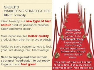 GROUP 3
MARKETING STRATEGY FOR
Kleur Tonacity
Kleur Tonacity is a new type of hair
colour product, positioned between
salon and home colour.
More expensive, but better quality
product, than other home dye products
Audience same concerns; need to look
good, not damage hair, full coverage.
Need to engage audience in their
strongest ‘need state’; to get ready
to go out, and feel great
Proposition:Proposition:
Deliver vibrantDeliver vibrant
glamour; to beglamour; to be
Red Carpet Ready.Red Carpet Ready.
Inspire personalInspire personal
shares throughshares through
#myredcarpetmoment#myredcarpetmoment
& association through& association through
celebrity Rachelcelebrity Rachel
Weisz.Weisz.
They may not have a red carpetThey may not have a red carpet
to walk down, but every womento walk down, but every women
deserves to look ‘red carpet ready’deserves to look ‘red carpet ready’
 