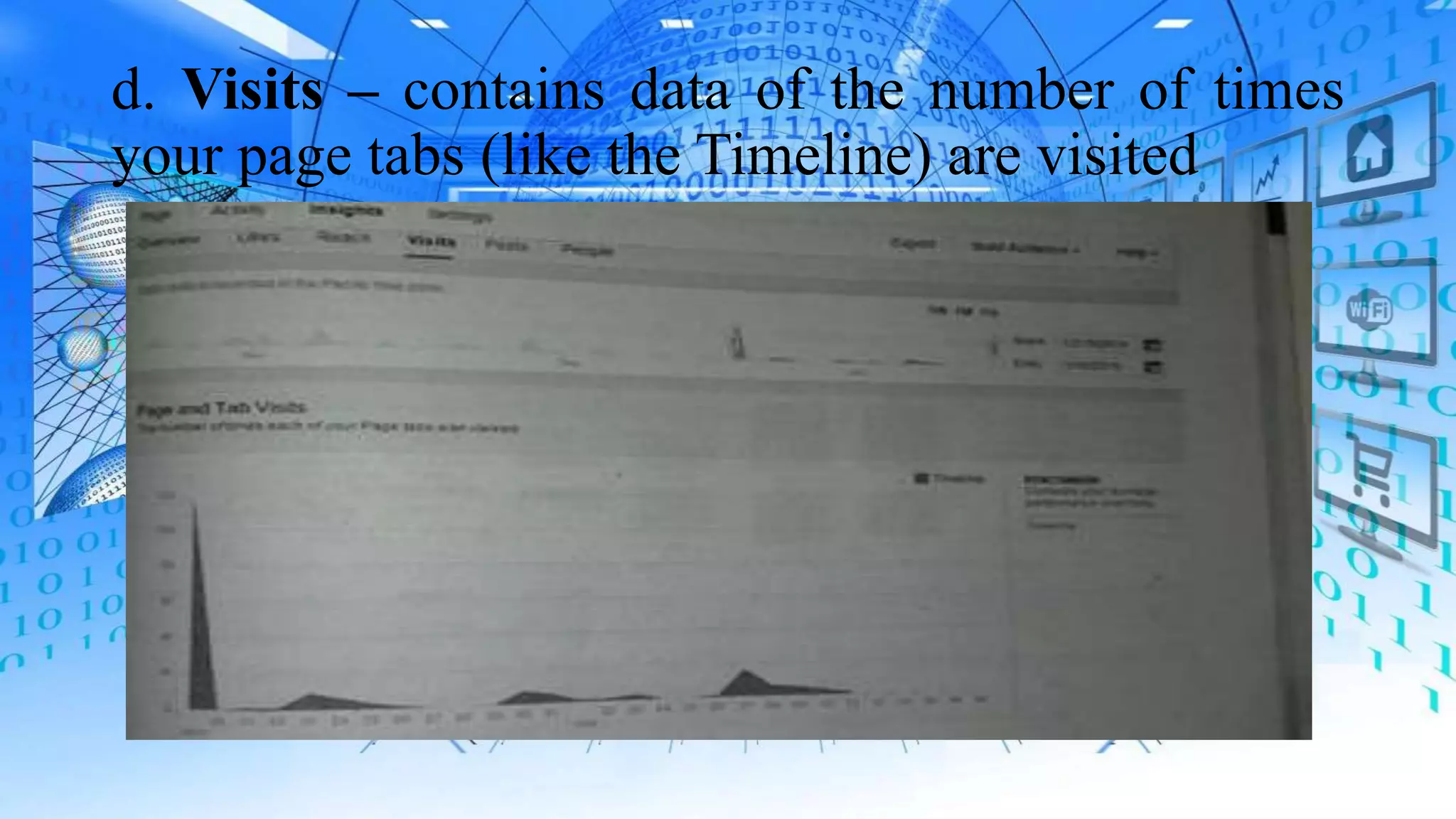 d. Visits – contains data of the number of times
your page tabs (like the Timeline) are visited
 