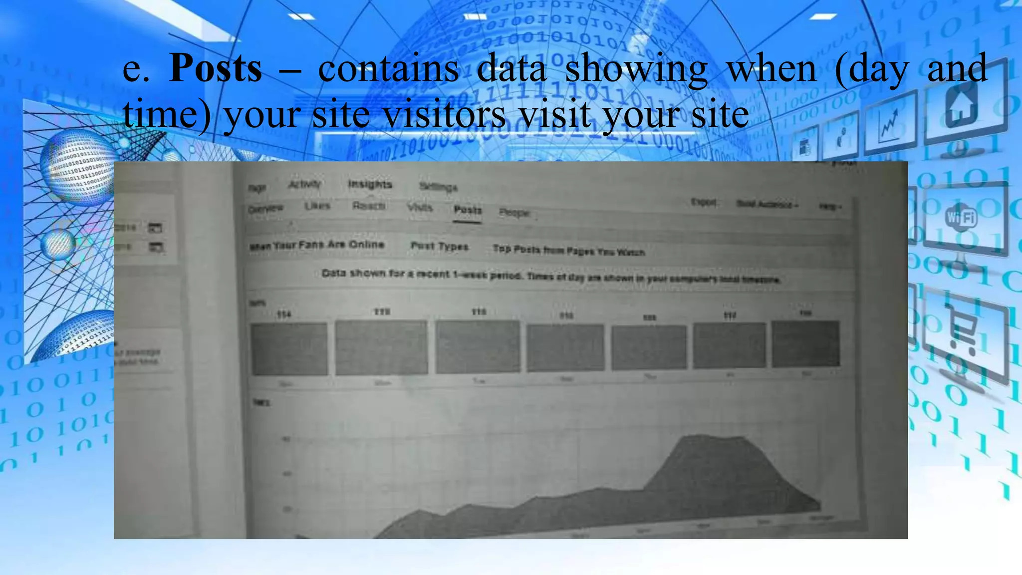 e. Posts – contains data showing when (day and
time) your site visitors visit your site
 