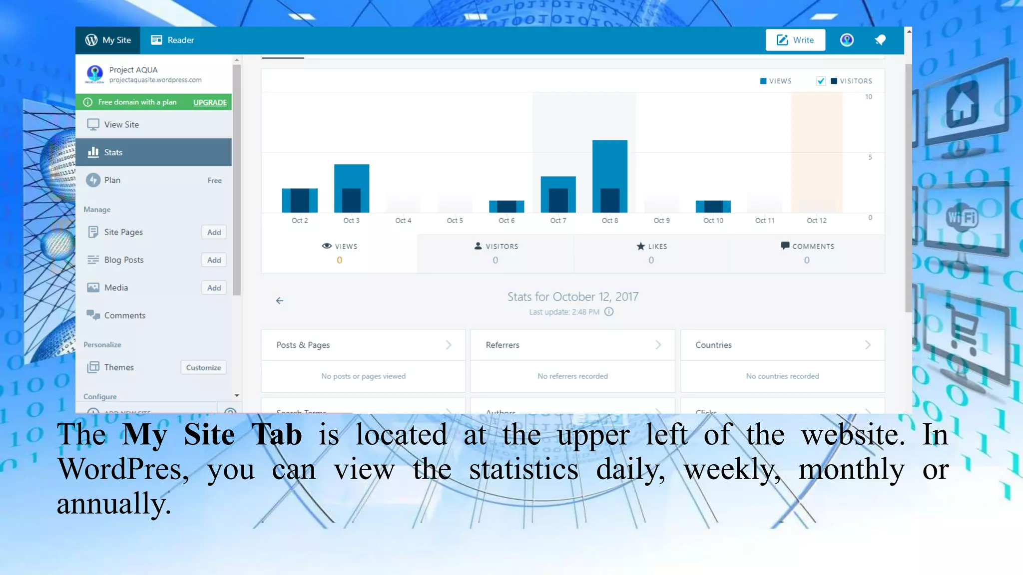 The My Site Tab is located at the upper left of the website. In
WordPres, you can view the statistics daily, weekly, monthly or
annually.
 