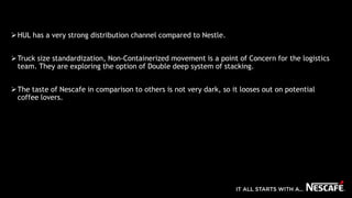 HUL has a very strong distribution channel compared to Nestle.
Truck size standardization, Non-Containerized movement is a point of Concern for the logistics
team. They are exploring the option of Double deep system of stacking.
The taste of Nescafe in comparison to others is not very dark, so it looses out on potential
coffee lovers.
 