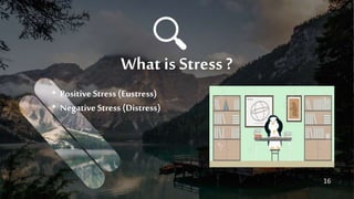 What is Stress ?
• Positive Stress (Eustress)
• Negative Stress (Distress)
16
 