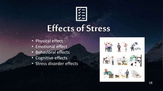 Effects of Stress
• Physical effect
• Emotional effect
• Behavioral effects
• Cognitive effects
• Stress disorder effects
18
 