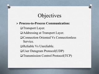 Objectives
 Process-to-Process Communication:
 Transport Layer.
 Addressing at Transport Layer.
 Connection Oriented Vs Connectionless
Service.
 Reliable Vs Unreliable.
 User Datagram Protocol(UDP)
 Transmission Control Protocol(TCP)
 