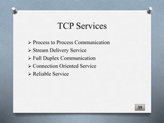 TCP Services
 Process to Process Communication
 Stream Delivery Service
 Full Duplex Communication
 Connection Oriented Service
 Reliable Service
35
 