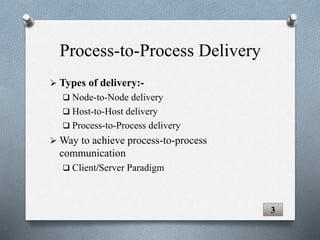  Types of delivery:-
 Node-to-Node delivery
 Host-to-Host delivery
 Process-to-Process delivery
 Way to achieve process-to-process
communication
 Client/Server Paradigm
3
Process-to-Process Delivery
 