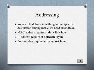 We need to deliver something to one specific
destination among many, we need an address.
 MAC address require at data link layer.
 IP address require at network layer.
 Port number require at transport layer.
5
Addressing
 