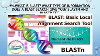 #4.WHAT IS BLAST? WHAT TYPE OF INFORMATION
DOES A BLAST SEARCH GIVE YOU? BLASTN AND
BLASTP ETC.
 