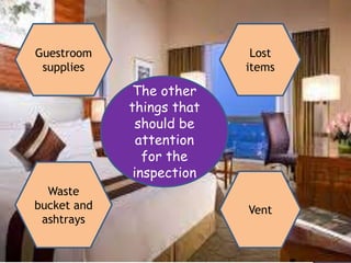 The other
things that
should be
attention
for the
inspection
Vent
Lost
items
Guestroom
supplies
Waste
bucket and
ashtrays
 