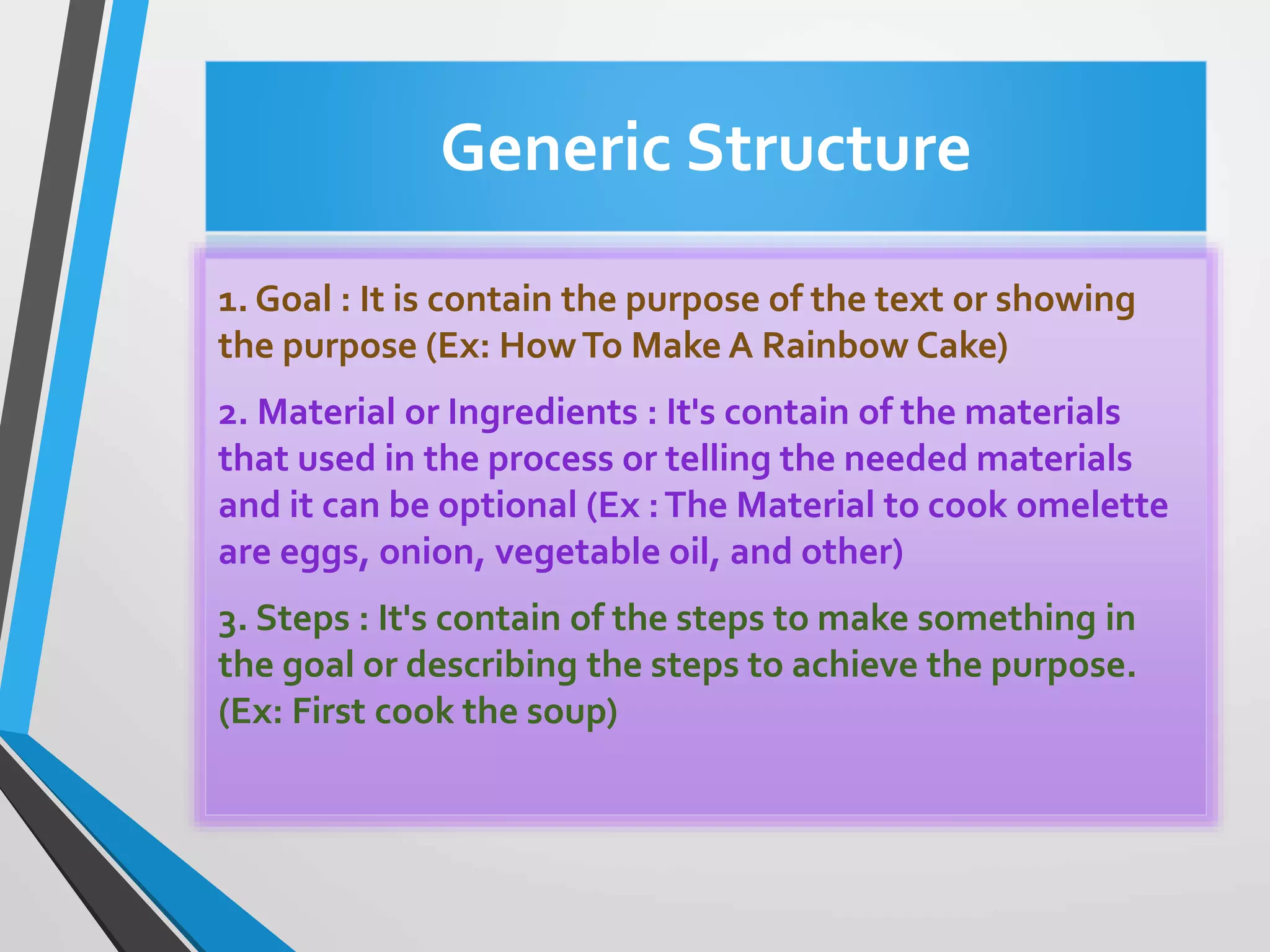Generic Structure
1. Goal : It is contain the purpose of the text or showing
the purpose (Ex: HowTo Make A Rainbow Cake)
2. Material or Ingredients : It's contain of the materials
that used in the process or telling the needed materials
and it can be optional (Ex :The Material to cook omelette
are eggs, onion, vegetable oil, and other)
3. Steps : It's contain of the steps to make something in
the goal or describing the steps to achieve the purpose.
(Ex: First cook the soup)
 