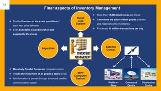 Retail
Link
System
Satellite
Comm.
MPP
Computer
System
Algorithm
❖ More than 10,000 retail stores are linked
❖ It monitors the sales of their goods at stores
and replenishes the inventories
❖ Processes 10 million transactions per day
❖ Enabled forecast of the exact quantities of
each item to be delivered
❖ Even bulk items could be broken and
supplied to the stores
Command
Centre
Wal-Mart
Store
Distribution
Centre
❖ Massively Parallel Processor computer system
❖ Tracks the movement of all goods & stock levels
❖ All information is passed through advanced satellite
communication system
Finer aspects of Inventory Management
11
 