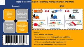 RFID
Features -
❖ Read without line of sight
❖ Sense items even when the tagged items are hidden
❖ Minimum human intervention thus enables automation
❖ RFID uses a serialized numbering scheme EPC
❖ Provides detailed behavior like place and time
Used to label
different
products,
shelves and
bins
2 scans – one
to identify pallet
other & other to
identify location
of the stock
Easy order
packing and
physical
counting of
inventory
Enabled
efficient picking
receiving and
proper
inventory
control
Barcode
Role of Technology in Inventory Management at Wal-Mart12
 