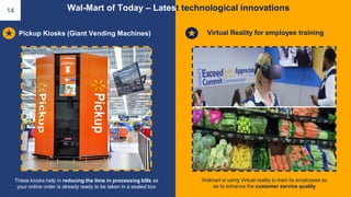 Walmart is using Virtual reality to train its employees so
as to enhance the customer service quality
These kiosks help in reducing the time in processing bills as
your online order is already ready to be taken in a sealed box
Wal-Mart of Today – Latest technological innovations
Pickup Kiosks (Giant Vending Machines) Virtual Reality for employee training
14
 
