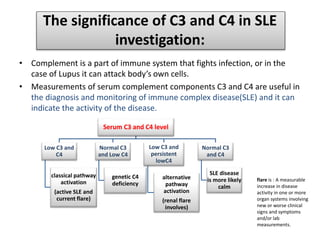 The significance of C3 and C4 in SLE
investigation:
• Complement is a part of immune system that fights infection, or in the
case of Lupus it can attack body’s own cells.
• Measurements of serum complement components C3 and C4 are useful in
the diagnosis and monitoring of immune complex disease(SLE) and it can
indicate the activity of the disease.
Serum C3 and C4 level
Low C3 and
C4
classical pathway
activation
(active SLE and
current flare)
Normal C3
and Low C4
genetic C4
deficiency
Low C3 and
persistent
lowC4
alternative
pathway
activation
(renal flare
involves)
Normal C3
and C4
SLE disease
is more likely
calm
flare is : A measurable
increase in disease
activity in one or more
organ systems involving
new or worse clinical
signs and symptoms
and/or lab
measurements.
 