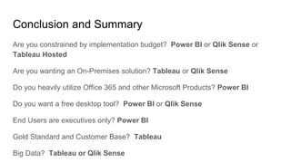 Conclusion and Summary
Are you constrained by implementation budget? Power BI or Qlik Sense or
Tableau Hosted
Are you want...