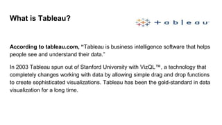 What is Tableau?
According to tableau.com, “Tableau is business intelligence software that helps
people see and understand...