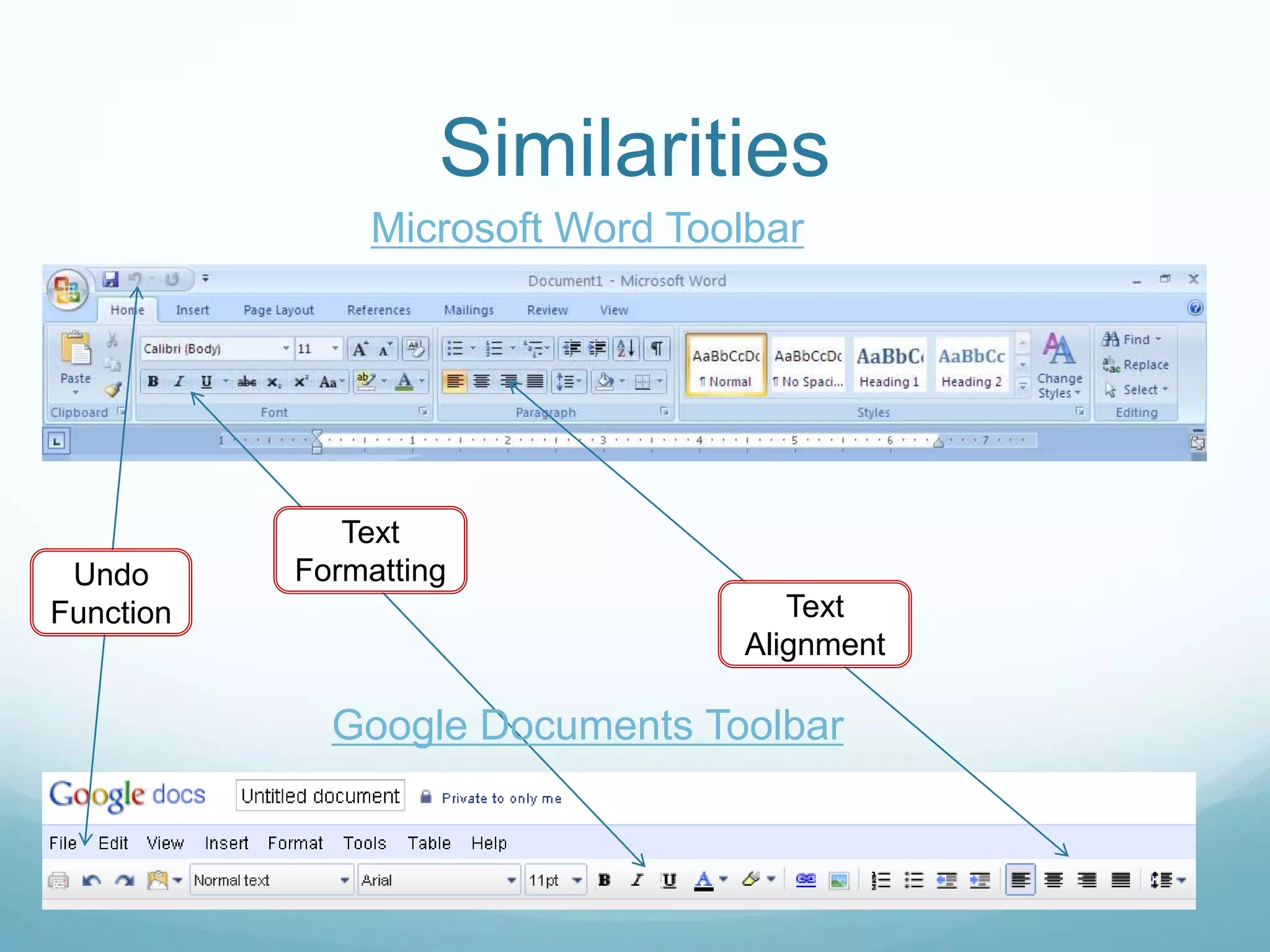 SimilaritiesMicrosoft Word ToolbarText FormattingUndo FunctionText AlignmentGoogle Documents Toolbar