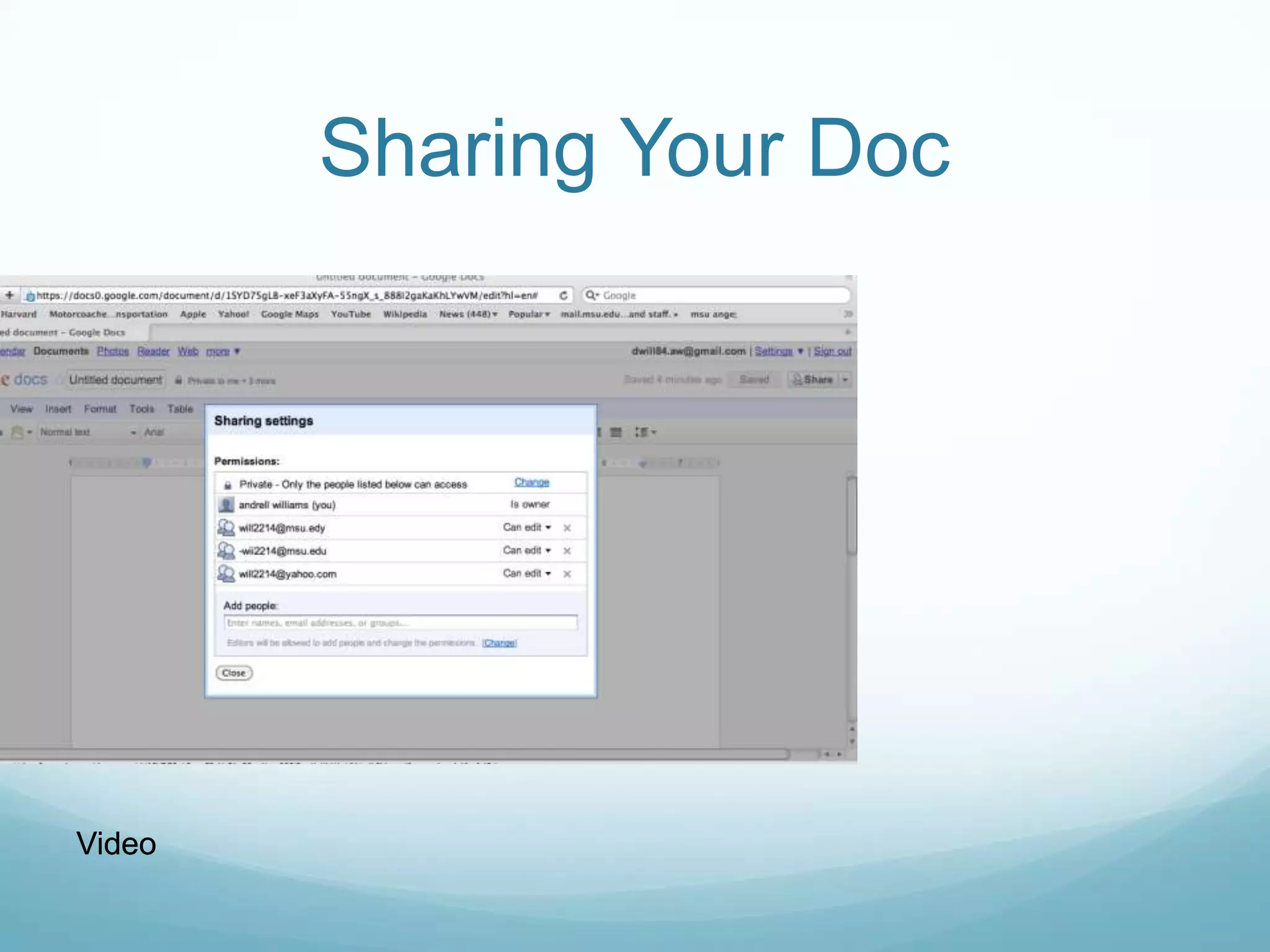 No one wants to read their work over and over again.  Everybody wants somebody else's approval.  That’s what Google doc allows you to do.  You are able to share your work with classmates, instructors, people in your social networks, or friends.  To share your doc after creating it, you simply click share (and then you'll actually see me sharing one.) 