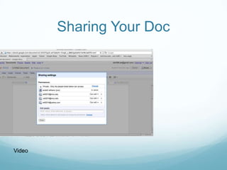 No one wants to read their work over and over again.  Everybody wants somebody else's approval.  That’s what Google doc allows you to do.  You are able to share your work with classmates, instructors, people in your social networks, or friends.  To share your doc after creating it, you simply click share (and then you'll actually see me sharing one.) 
