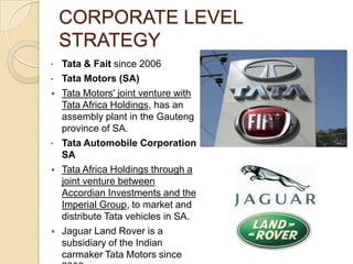 CORPORATE LEVEL
STRATEGY
•
•



•




Tata & Fait since 2006
Tata Motors (SA)
Tata Motors' joint venture with
Tata Africa Holdings, has an
assembly plant in the Gauteng
province of SA.
Tata Automobile Corporation
SA
Tata Africa Holdings through a
joint venture between
Accordian Investments and the
Imperial Group, to market and
distribute Tata vehicles in SA.
Jaguar Land Rover is a
subsidiary of the Indian
carmaker Tata Motors since

 