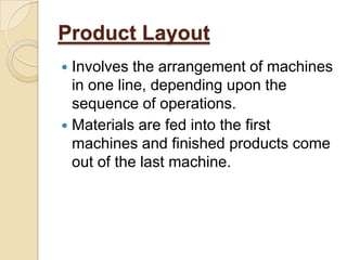 Product Layout
Involves the arrangement of machines
in one line, depending upon the
sequence of operations.
 Materials are fed into the first
machines and finished products come
out of the last machine.


 