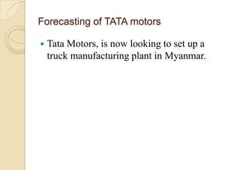 Forecasting of TATA motors


Tata Motors, is now looking to set up a
truck manufacturing plant in Myanmar.

 