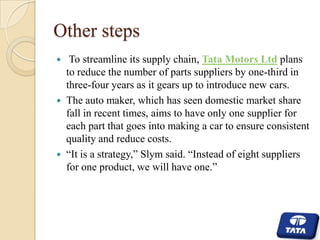 Other steps






To streamline its supply chain, Tata Motors Ltd plans
to reduce the number of parts suppliers by one-third in
three-four years as it gears up to introduce new cars.
The auto maker, which has seen domestic market share
fall in recent times, aims to have only one supplier for
each part that goes into making a car to ensure consistent
quality and reduce costs.
―It is a strategy,‖ Slym said. ―Instead of eight suppliers
for one product, we will have one.‖

 