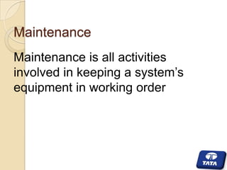 Maintenance
Maintenance is all activities
involved in keeping a system’s
equipment in working order

 