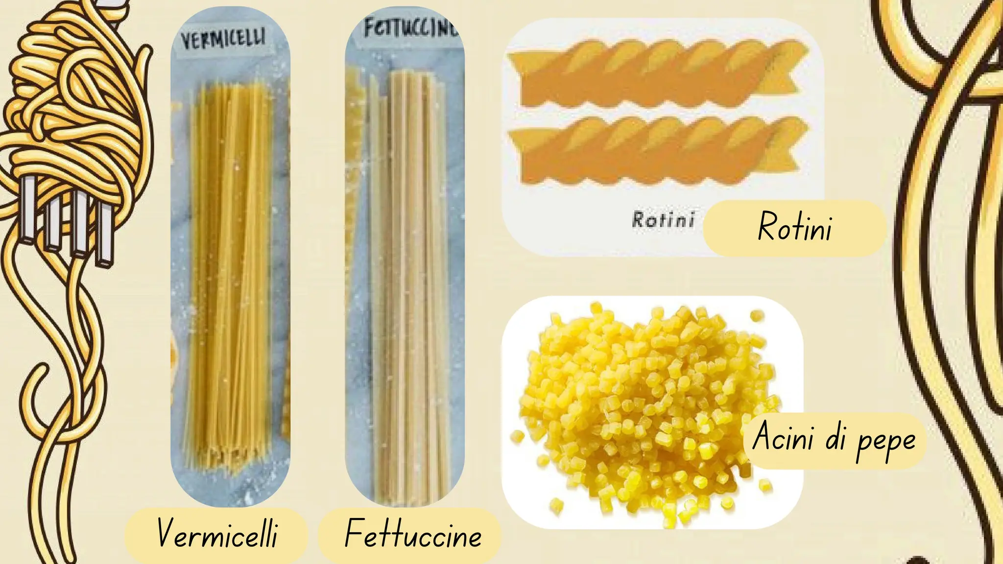 Acini di pepe
Rotini
Vermicelli Fettuccine
 