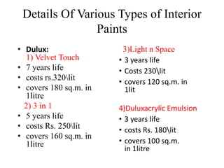 Details Of Various Types of Interior
Paints
• Dulux:
1) Velvet Touch
• 7 years life
• costs rs.320lit
• covers 180 sq.m. in
1litre
2) 3 in 1
• 5 years life
• costs Rs. 250lit
• covers 160 sq.m. in
1litre
3)Light n Space
• 3 years life
• Costs 230lit
• covers 120 sq.m. in
1lit
4)Duluxacrylic Emulsion
• 3 years life
• costs Rs. 180lit
• covers 100 sq.m.
in 1litre
 