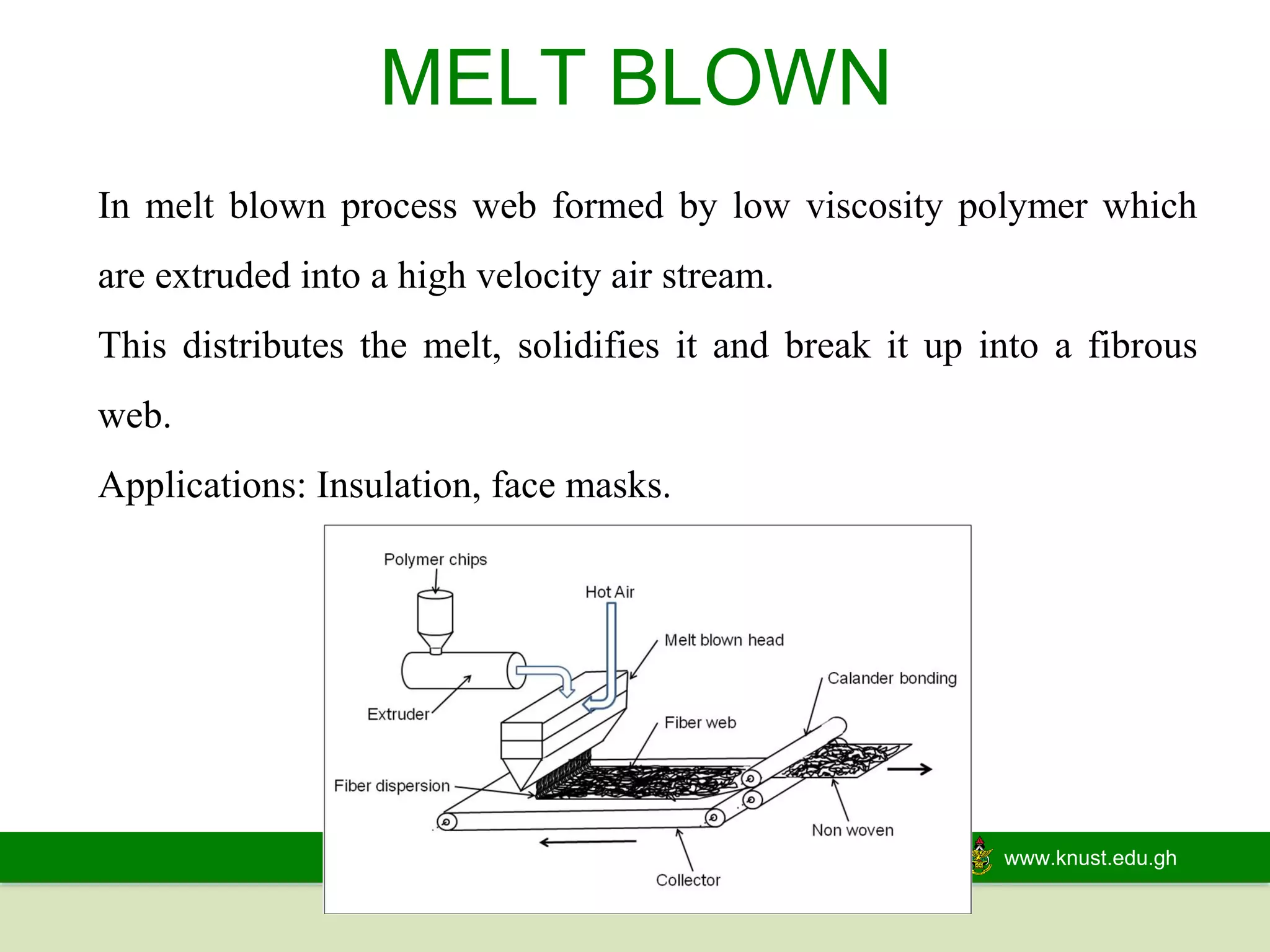 www.knust.edu.gh
MELT BLOWN
In melt blown process web formed by low viscosity polymer which
are extruded into a high velocity air stream.
This distributes the melt, solidifies it and break it up into a fibrous
web.
Applications: Insulation, face masks.
 