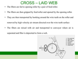 www.knust.edu.gh
• The fibers are fed to opening roller by a pair of feed roller.
• The fibers are then gripped by feed roller and opened by the opening roller.
• They are then transported by hooking around the wire teeth on the roller and
removed by high velocity air stream directed over the wire teeth surface
• The fibers are mixed with air and transported to conveyor where air is
separated and fiber is deposited to form a web.
CROSS – LAID WEB
 
