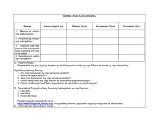 RUBRIC PARA SA DAYORAMA



        Batayan             Katangi-tangi (4 pts)      Mahusay (3 pts)         Katamtaman (2 pts)        Nagsisimula (1 pt)

 1. Maayos at malinis
 ang pagkakagawa.

 2. Naipakita ng maayos
 ang kolonyalismo.

 3. Naipakita ang mga
 pamumuhay ng mga tao
 bago dumating ang mga
 kolonyalista.
 4. Naipakita ang epekto
 ng kolonyalismo.
C. Picture Analysis.
   Magpapakita ang guro ng mga larawan ng iba’t-ibang pamumuhay ng mga Pilipino sa kamay ng mga mananakop.

Mga Pamprosesong Tanong:
  1. Ano ang mapapansin sa mga larawang ipinakita?
  2. Paano ito nagkakaiba-iba?
  3. Saan may kaugnayan ang mga larawang ipinakita?
  4. Paano nakapukaw ang mga larawan sa damdaming pagkamakabayan?
  5. Paano ipinakita ng mga Pilipino ang pagtutol sa pananakop ng mga Espanyol?

D. Pananaliksik Tungkol sa Ilang Bayaning Nakipaglaban sa mga Dayuhan.
   1. Lapu-lapu
   2. Jose Rizal
   3. Andres Bonifacio

   Pwedeng gamitin ang website na ito:
   http://www.Philippine_history.org. Kung walang internet, papuntahin ang mga mag-aaral sa silid-aklatan.
E. Historical Field Trip sa Kawit, Cavite.
 
