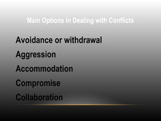 Main Options in Dealing with Conflicts
•
Avoidance or withdrawal
•
Aggression
•
Accommodation
•
Compromise
•
Collaboration
 