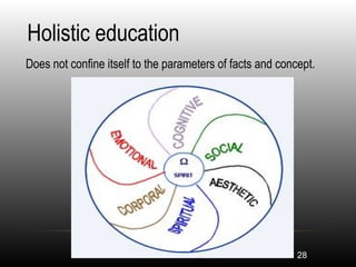 28
Holistic education
•
Does not confine itself to the parameters of facts and concept.
 