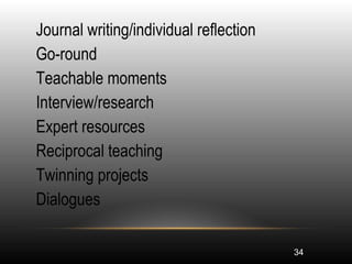 34
•
Journal writing/individual reflection
•
Go-round
•
Teachable moments
•
Interview/research
•
Expert resources
•
Reciprocal teaching
•
Twinning projects
•
Dialogues
 