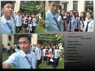 •
Prepared By:
•
Cayanan, Angelie Grace
Canon, Joevanie
•
Delgado, Jayson
•
Gamilla, Kristine Rose
•
Marfiel, Mylen
•
Molaben, Edna
•
Pagunsan, Claire
•
Pahilanga, Loren Lloyd
•
Santillan, Ofelia
•
Tadayca, Gladys Mae
BEED4_A
 