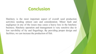 Conclusion
Hatchery is the most important aspect of overall seed production
activities needing utmost care and consideration. Minor fault and
negligence in any of the issues may cause a heavy loss in the hatchery
business. Hatchery operation and management is very sensitive due to
low survibility of fry and fingerlings. By providing proper design and
facilities, we can increase the production of fish.
 