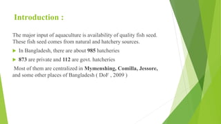 Introduction :
The major input of aquaculture is availability of quality fish seed.
These fish seed comes from natural and hatchery sources.
 In Bangladesh, there are about 985 hatcheries
 873 are private and 112 are govt. hatcheries
Most of them are centralized in Mymenshing, Comilla, Jessore,
and some other places of Bangladesh ( DoF , 2009 )
 