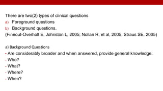 There are two(2) types of clinical questions
a) Foreground questions
b) Background questions.
(Fineout-Overholt E, Johnston L, 2005; Nollan R, et al, 2005; Straus SE, 2005)
a) Background Questions
• Are considerably broader and when answered, provide general knowledge:
- Who?
- What?
- Where?
- When?
 