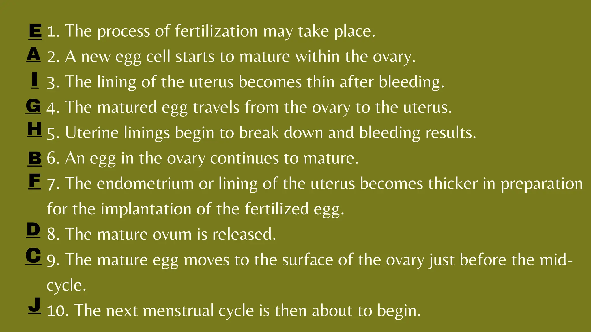 1. The process of fertilization may take place.
2. A new egg cell starts to mature within the ovary.
3. The lining of the uterus becomes thin after bleeding.
4. The matured egg travels from the ovary to the uterus.
5. Uterine linings begin to break down and bleeding results.
6. An egg in the ovary continues to mature.
7. The endometrium or lining of the uterus becomes thicker in preparation
for the implantation of the fertilized egg.
8. The mature ovum is released.
9. The mature egg moves to the surface of the ovary just before the mid-
cycle.
10. The next menstrual cycle is then about to begin.
E
A
I
G
H
B
F
D
C
J
 
